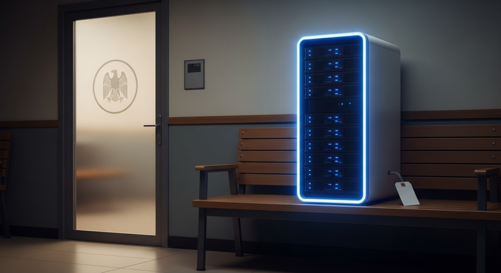 Illustration of an AI model release held in a government anteroom: a glowing model artifact waiting beside an official federal review desk