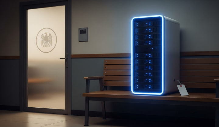 Illustration of an AI model release held in a government anteroom: a glowing model artifact waiting beside an official federal review desk