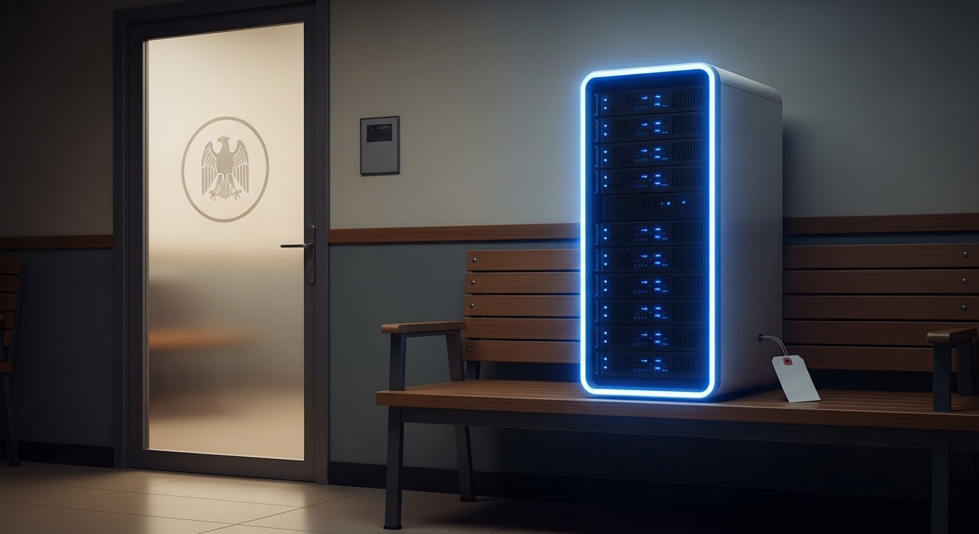 Illustration of an AI model release held in a government anteroom: a glowing model artifact waiting beside an official federal review desk