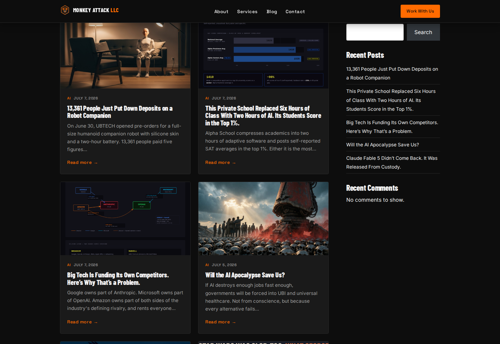 Screenshot of the MonkeyAttack blog grid showing recent AI articles with custom artwork