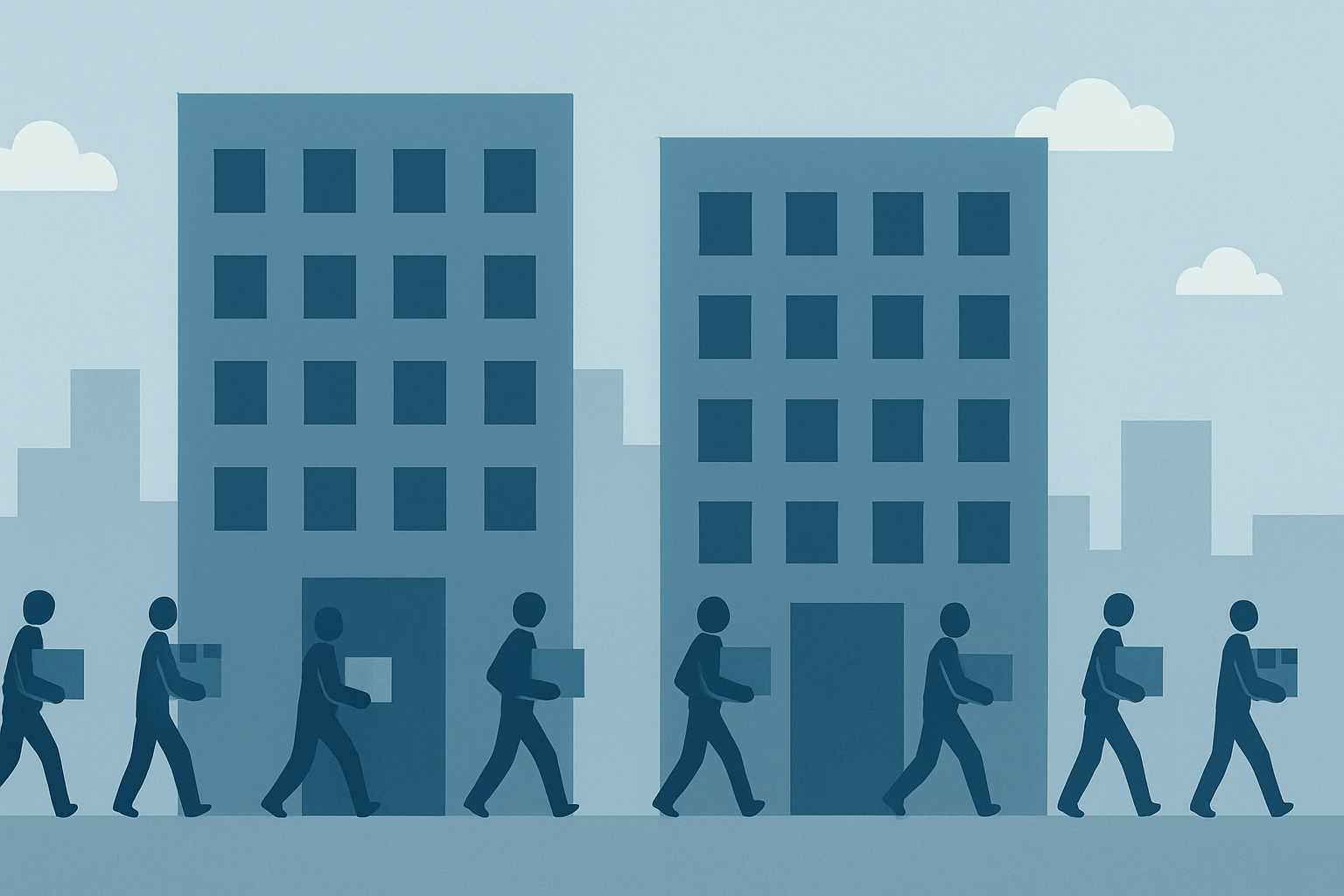 Corporate office buildings with figures walking out carrying boxes representing mass layoffs at Meta and Oracle
