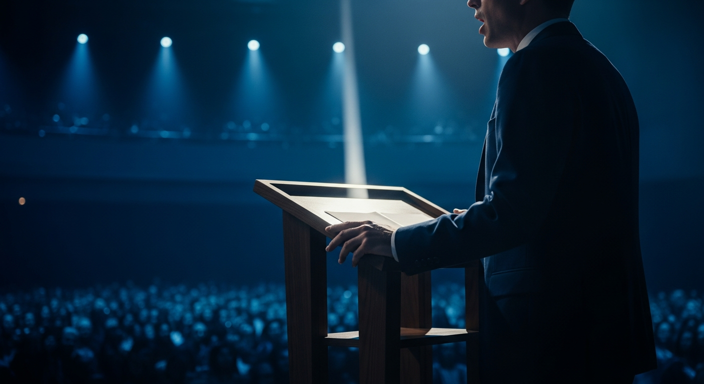 A figure at a podium addressing a crowd, dramatic blue stage lighting, representing a CEO addressing analysts about uncertain AI timelines