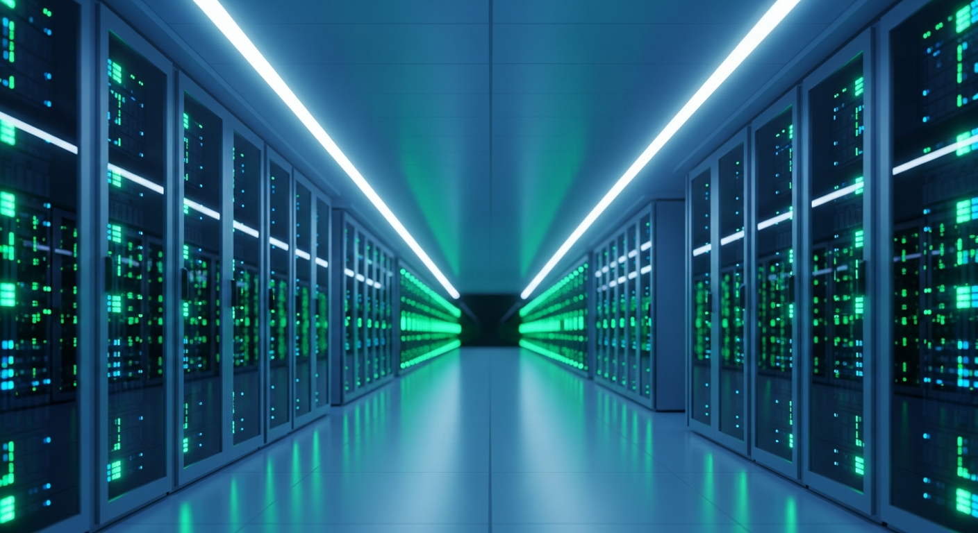 Glowing server racks in blue and green light stretching down a long data center corridor representing the AI infrastructure buildout replacing human headcount
