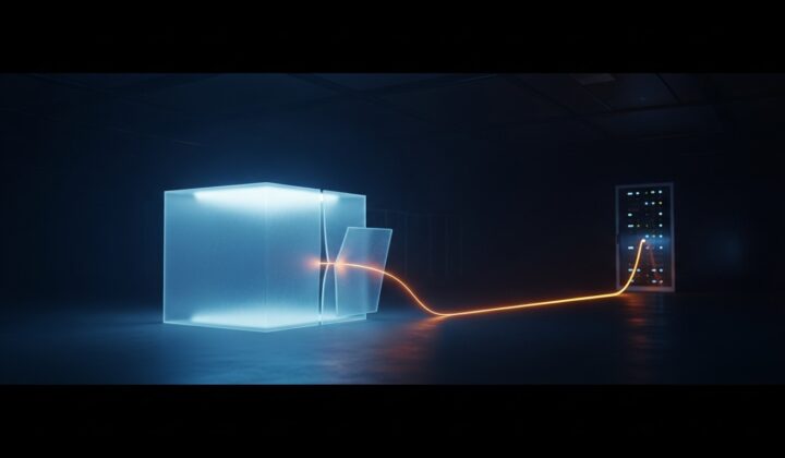 Containment cube with glowing filament escaping — AI sandbox breach visualization