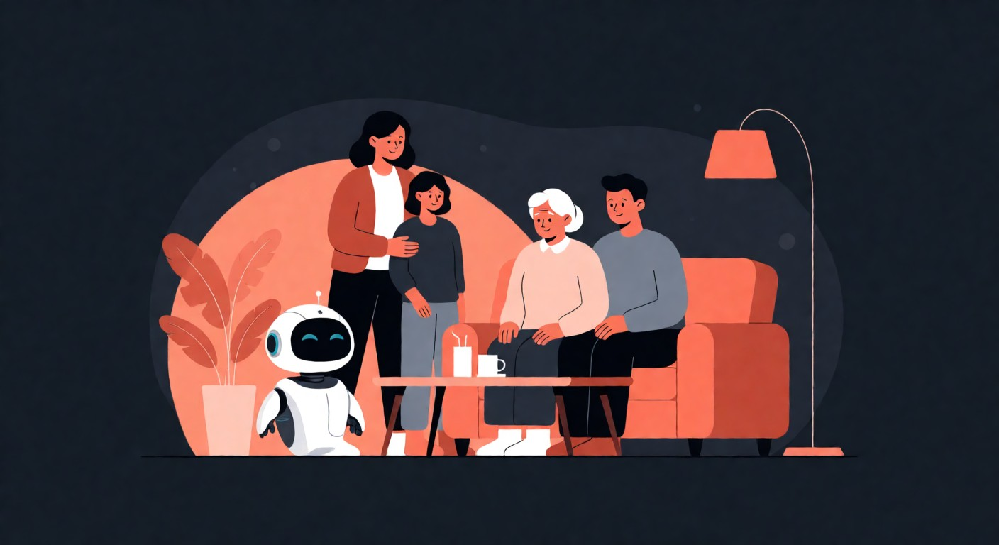 Flat vector illustration of a family in a warm living room with a small friendly companion robot sitting beside an elderly parent