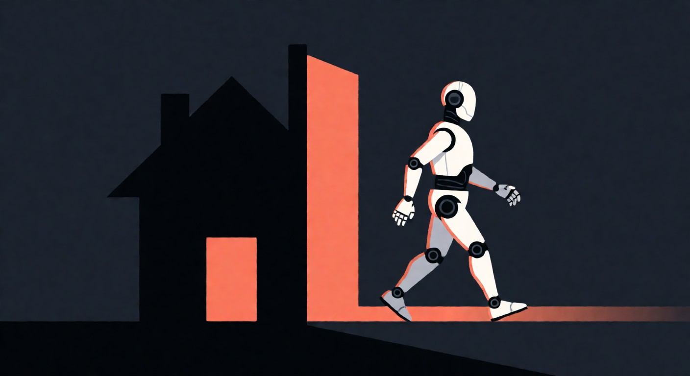 Flat vector illustration of a humanoid robot stepping across a glowing threshold into the silhouette of a house