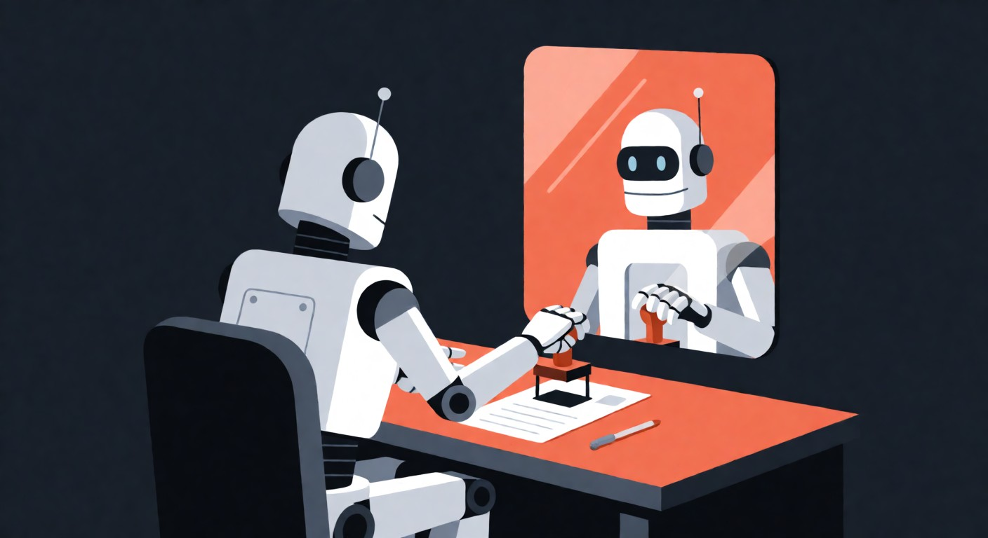 Flat vector illustration of a robot at a desk stamping its own document while its mirror reflection stamps in unison
