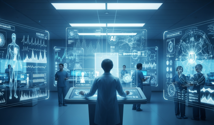 Hospital AI operations center with holographic patient data displays