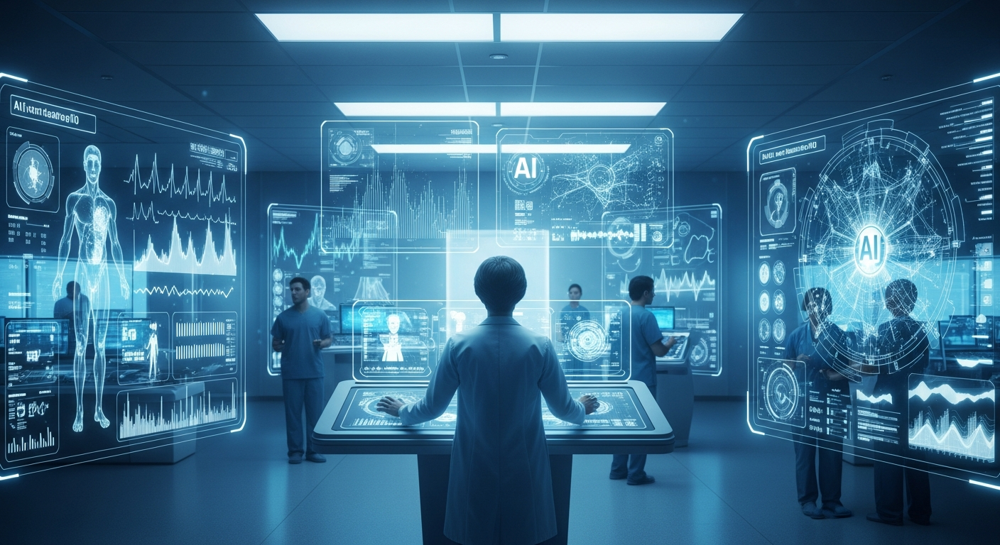 Hospital AI operations center with holographic patient data displays