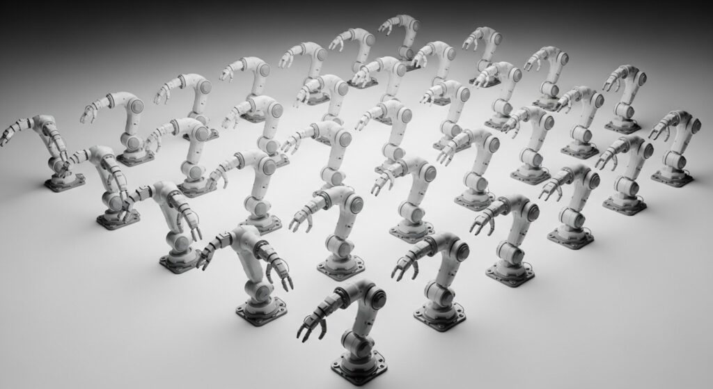 Many robot arms representing embodied AI foundation model competition