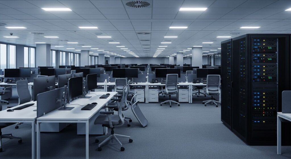 Empty corporate office representing AI-driven workforce reduction