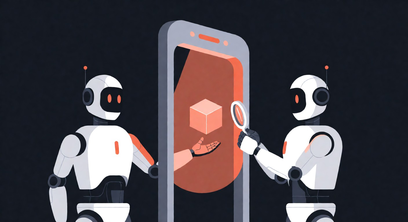 Flat vector illustration of two robot agents at a tall verification gate, one presenting a glowing cube and the other inspecting it with a magnifier