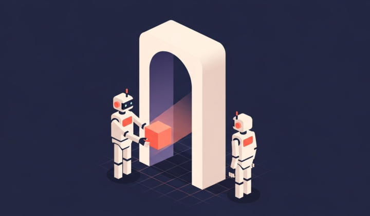 Flat vector illustration of two robot agents on a dark navy grid: one passes a glowing coral cube through a tall verification gate archway with a scanning beam, while the second robot waits on the other side to receive it.