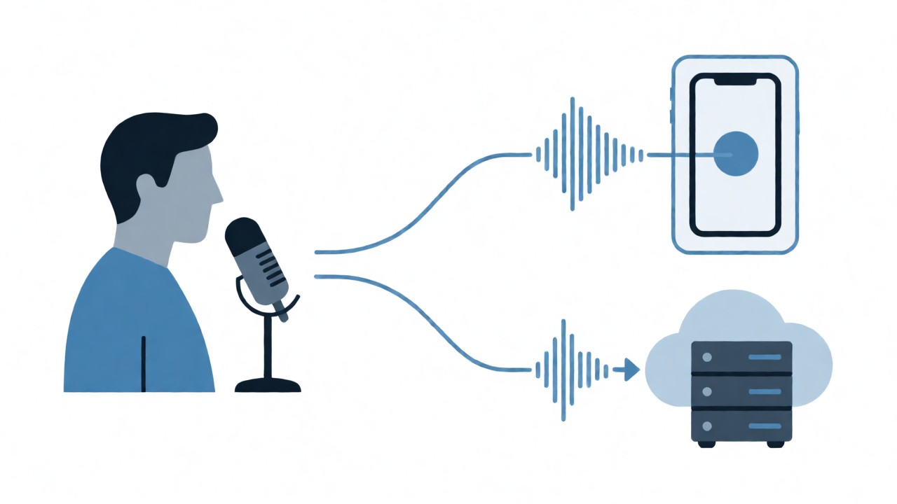 Two paths for voice data: on-device processing stays inside the phone, cloud processing routes audio to a remote server