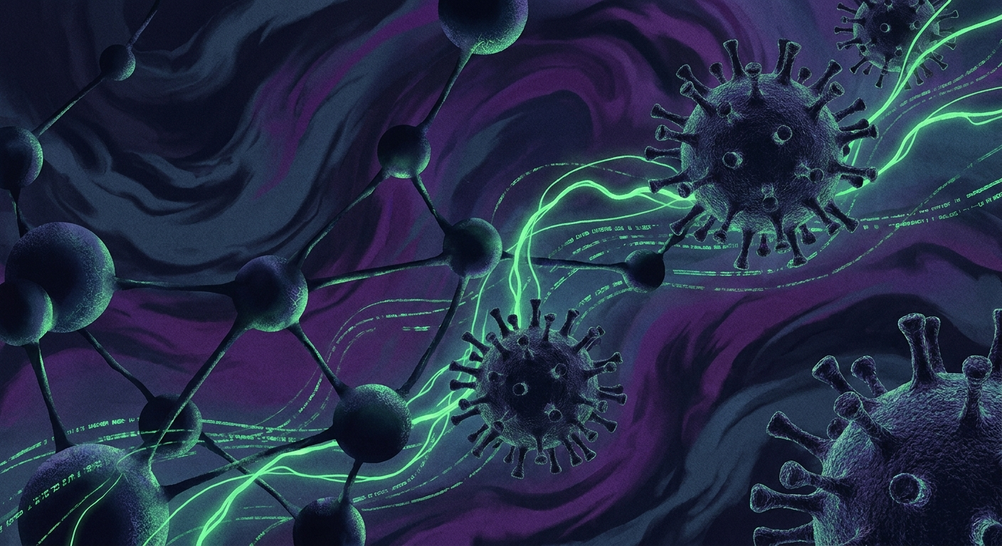 Neural network nodes merging with virus particles representing AI radicalization