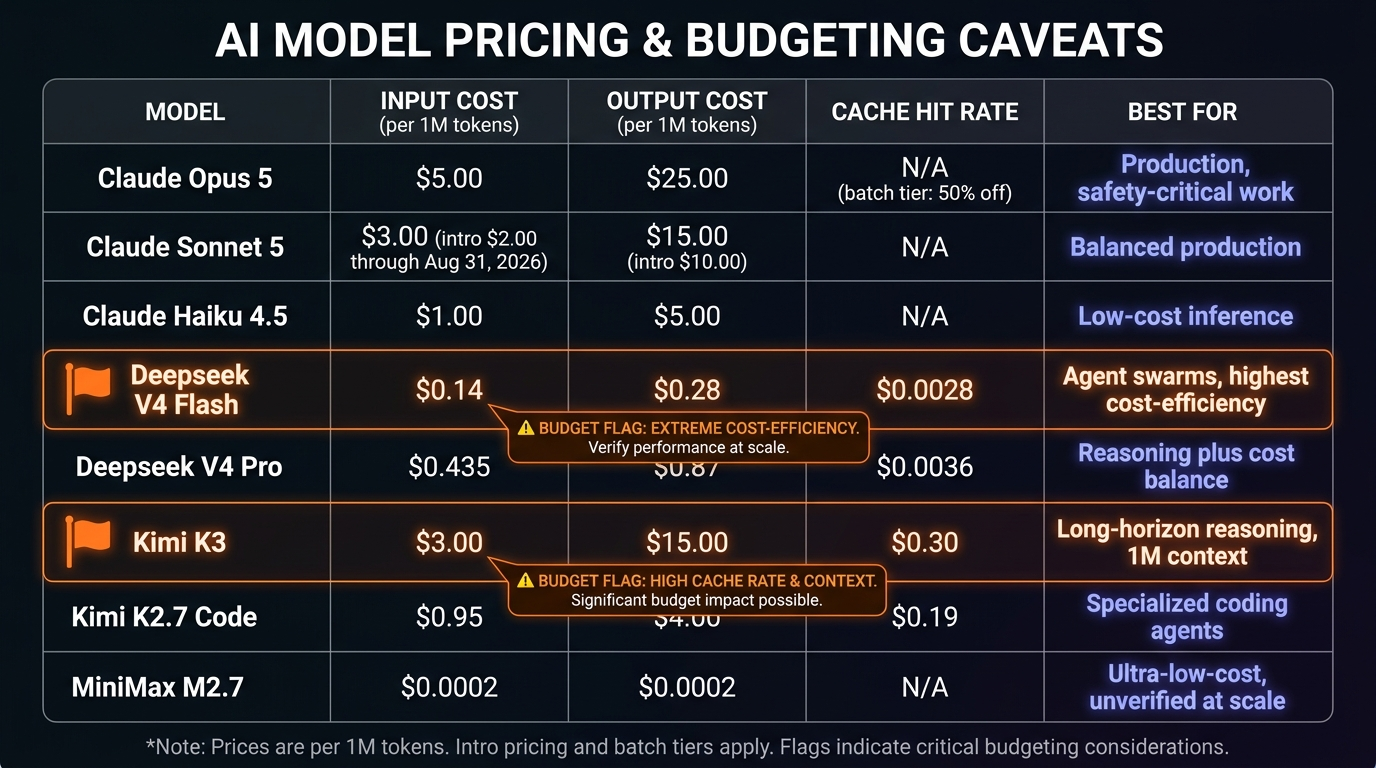 Full AI model pricing breakdown: Deepseek V4 Flash, Claude Opus 5, Kimi K3, MiniMax M2.7 and budget flags