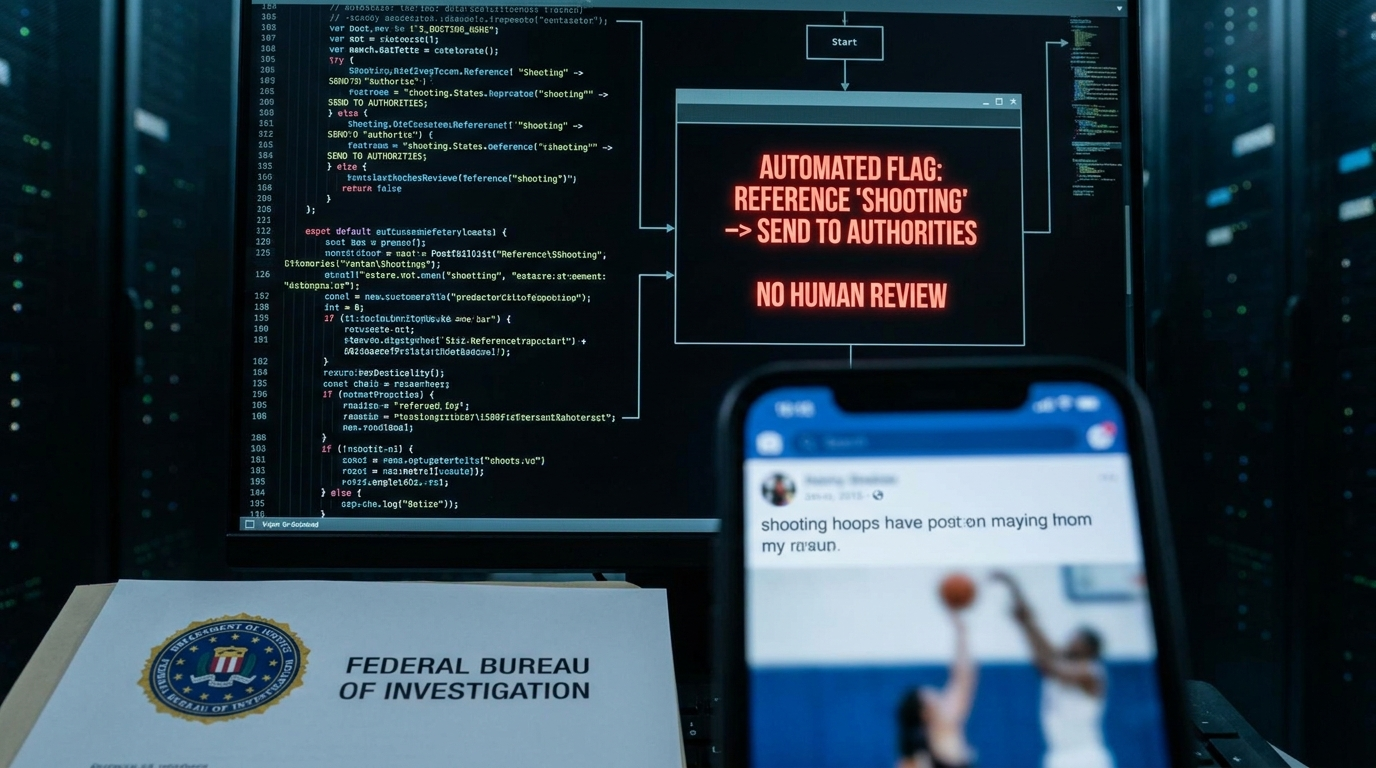 Code flowchart showing automated flag path with no human review step before law enforcement dispatch