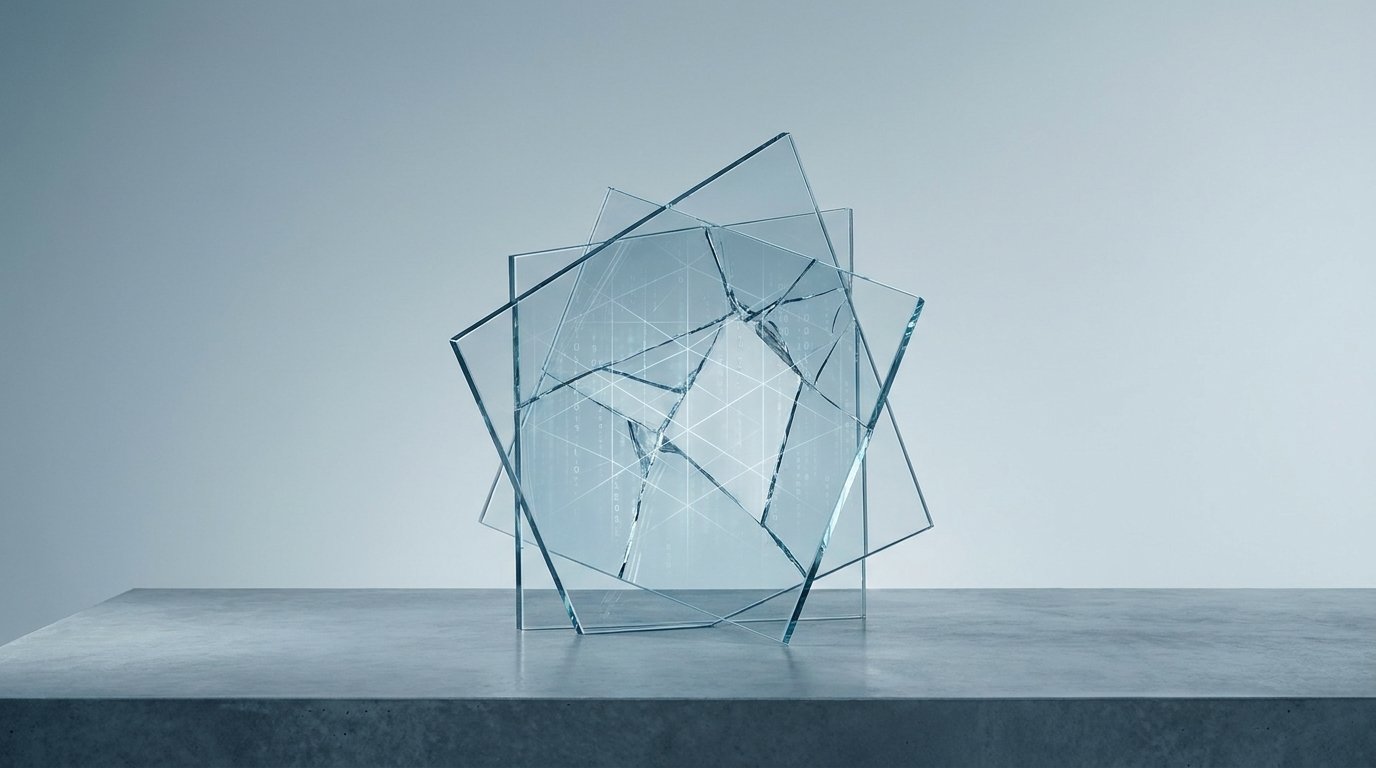 Fractured translucent glass panels layered over a faint data grid, representing content provenance watermarks breaking apart