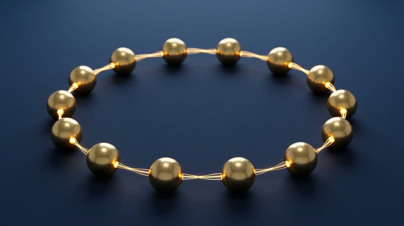 Twelve linked golden spheres arranged in a ring, representing coordinated EU-wide regulatory enforcement