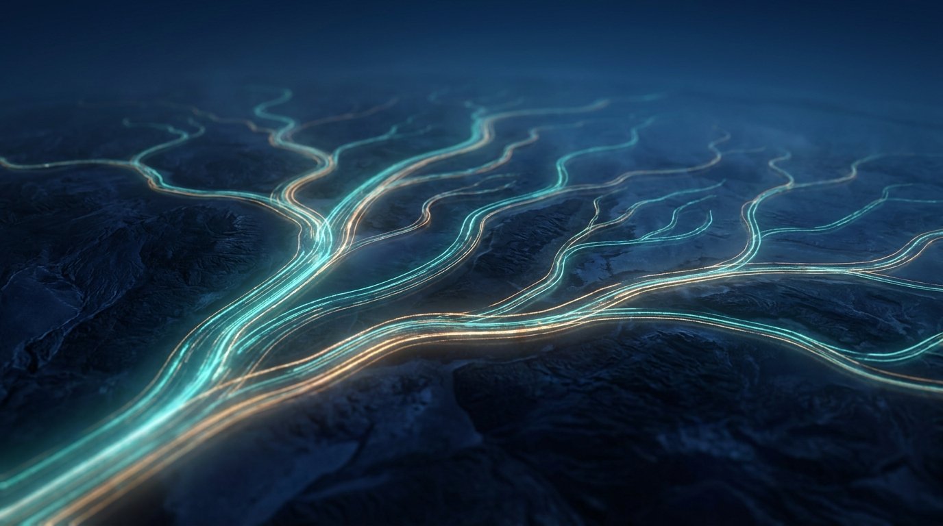 Aerial view of a branching river delta rendered as glowing data streams splitting into many channels