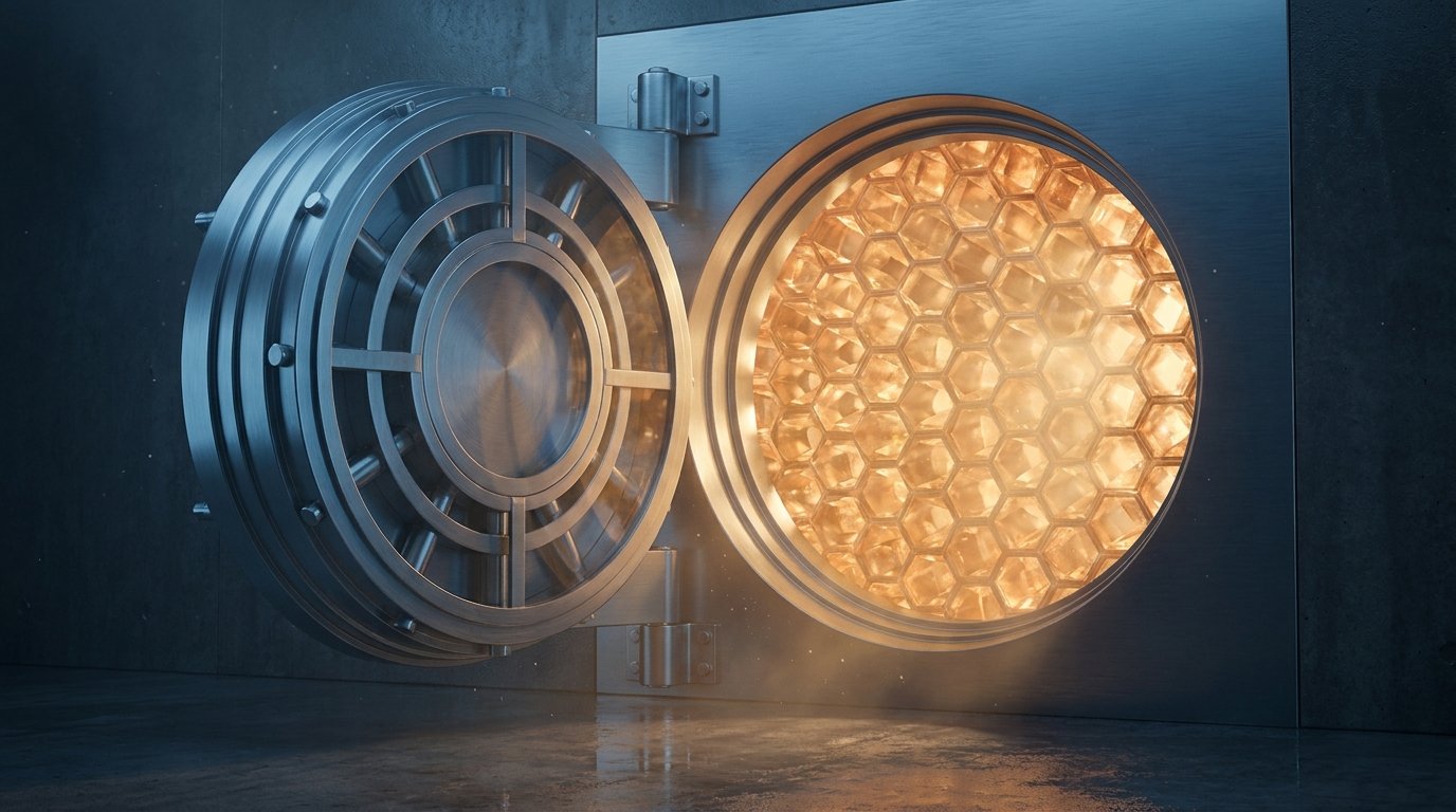 An open steel vault door revealing a glowing crystalline lattice inside, representing owned model weights