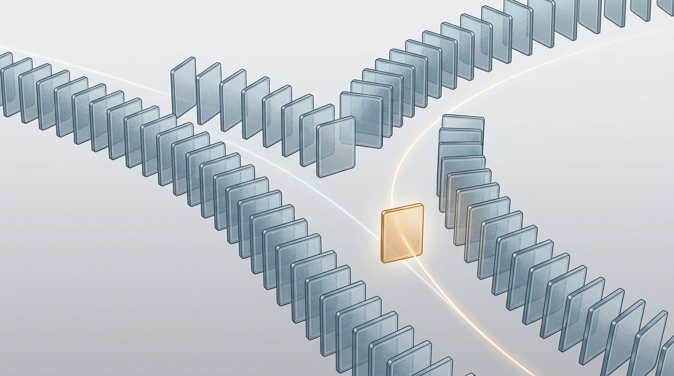 Rows of identical translucent cards sorted into two diverging paths with one card highlighted in amber