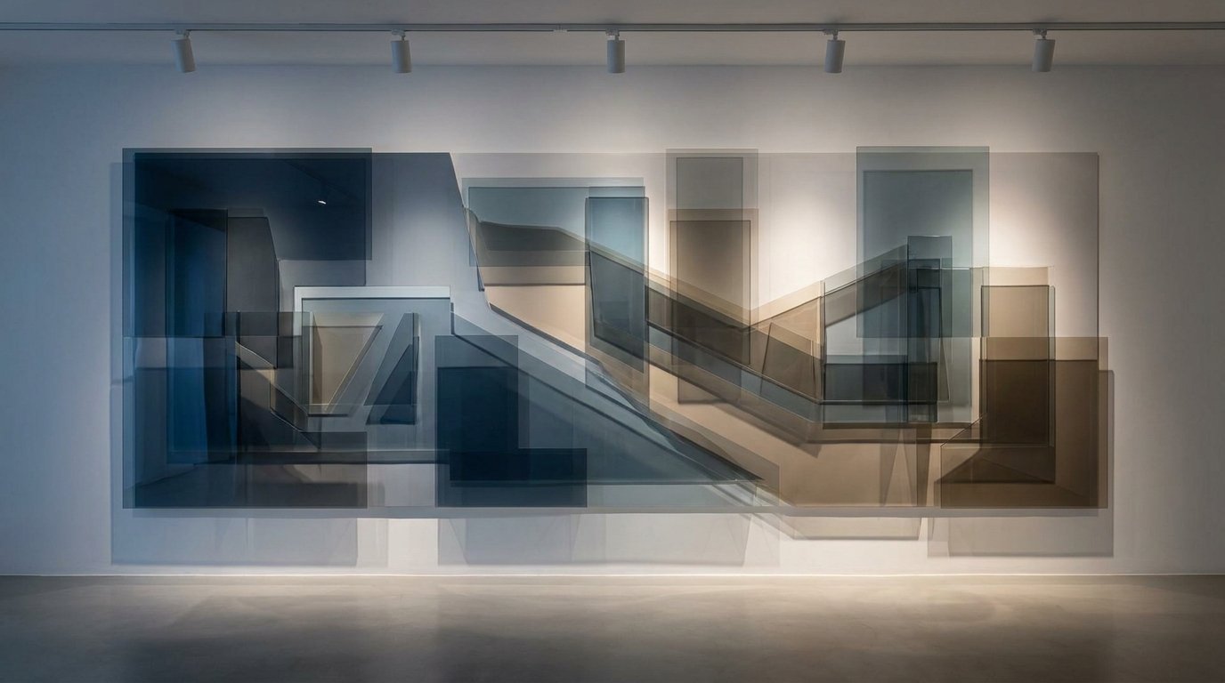 Overlapping translucent panels stacked into a layered relief, representing a patchwork of state AI regulations