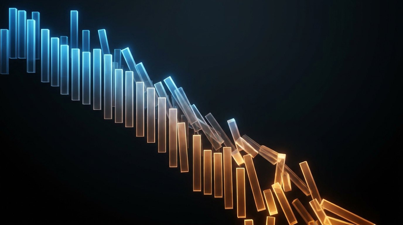 A steep descending line of glowing bars falling from cool blue into warm orange, representing a sharp price drop