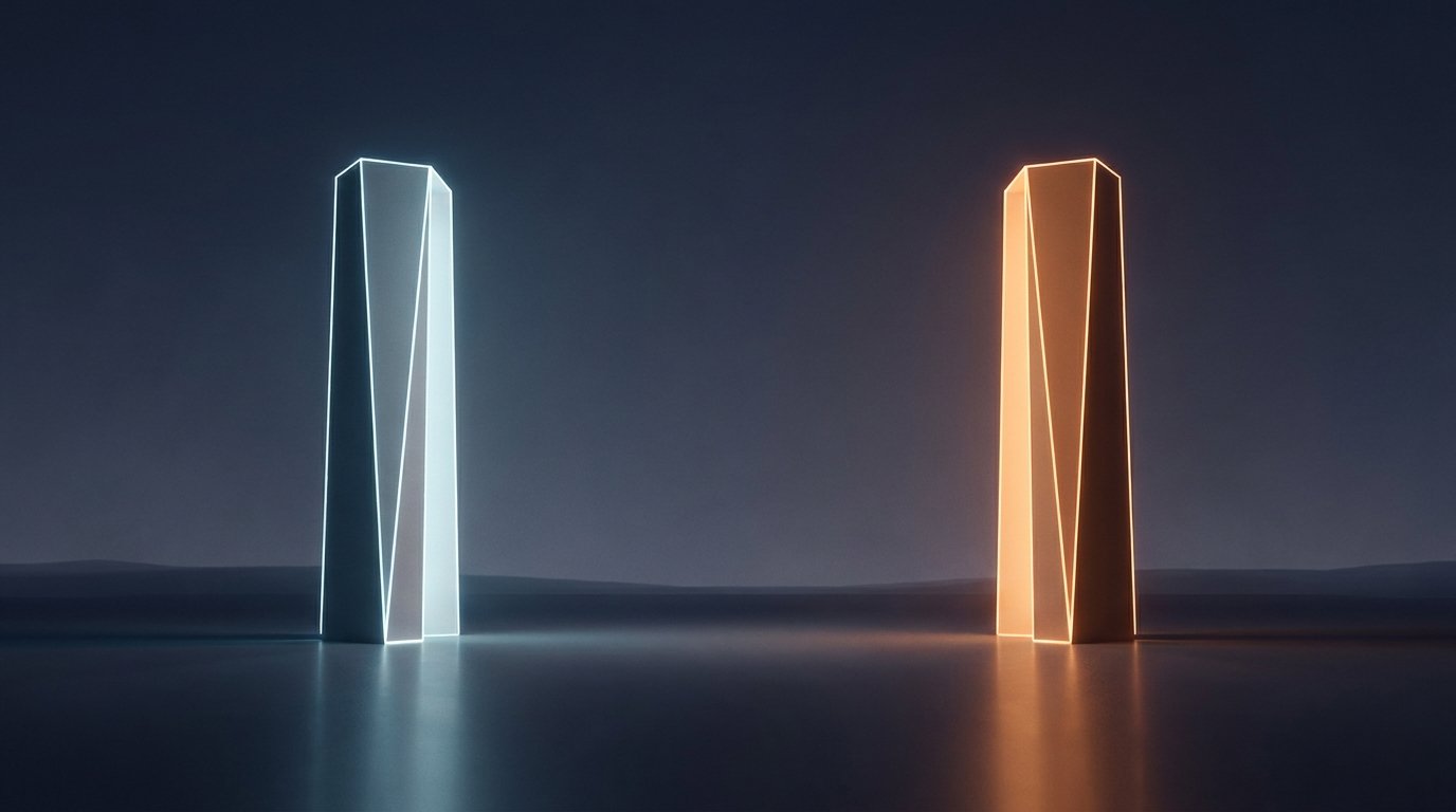 Two luminous monoliths facing each other across a dark reflective plane, representing competitive standoff