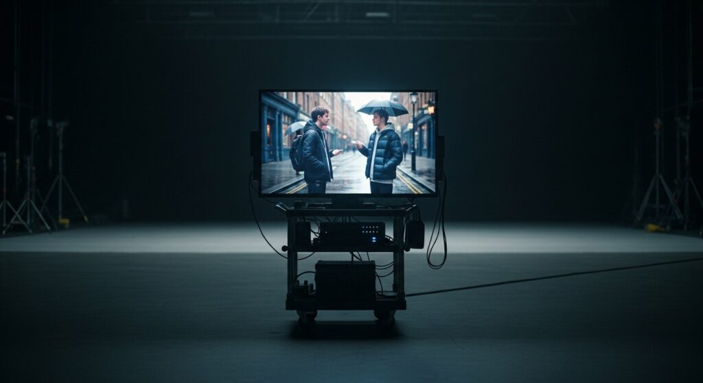 Empty film soundstage with director's monitor showing AI-generated scene from The Cully Hill Boys