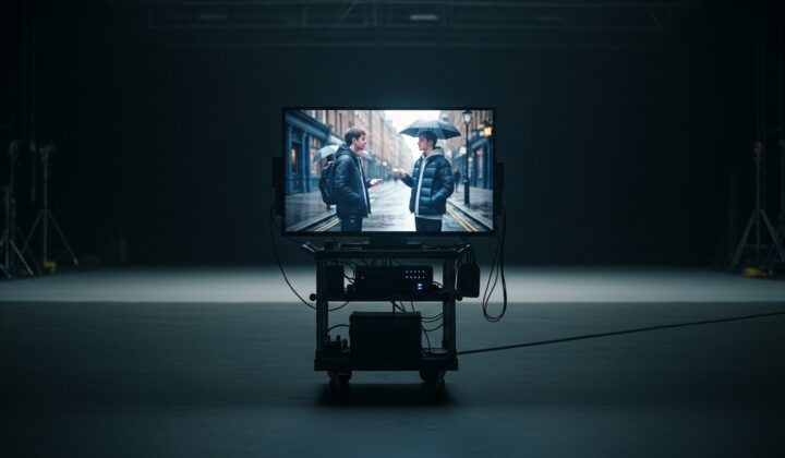 Empty film soundstage with director's monitor showing AI-generated scene from The Cully Hill Boys