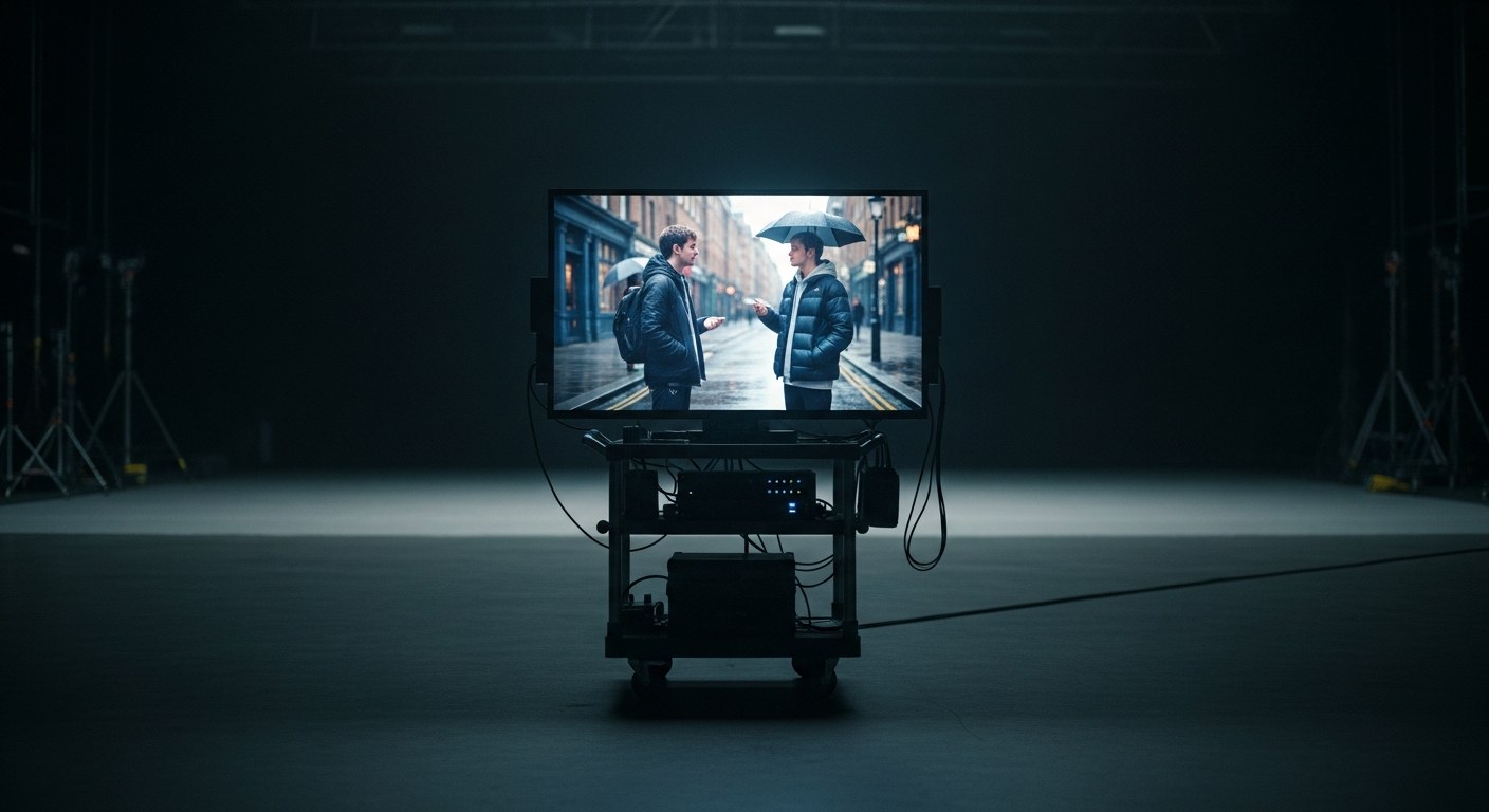 Empty film soundstage with director's monitor showing AI-generated scene from The Cully Hill Boys