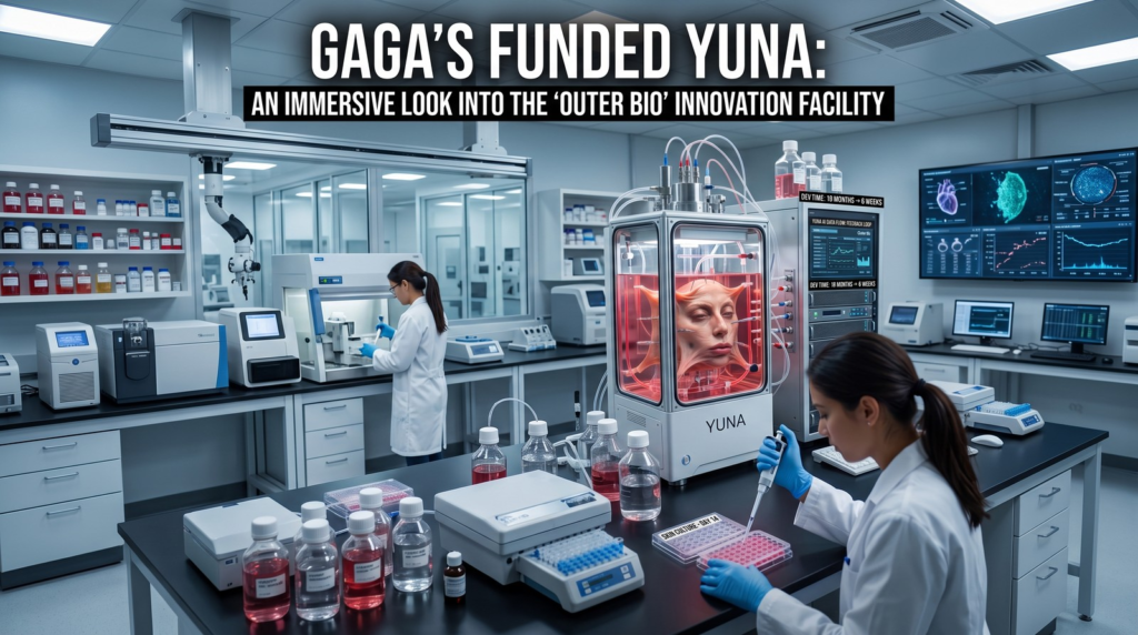 Lady Gaga and Michael Polansky's Outer Bio YUNA platform — AI-driven skincare research keeping human skin alive for weeks