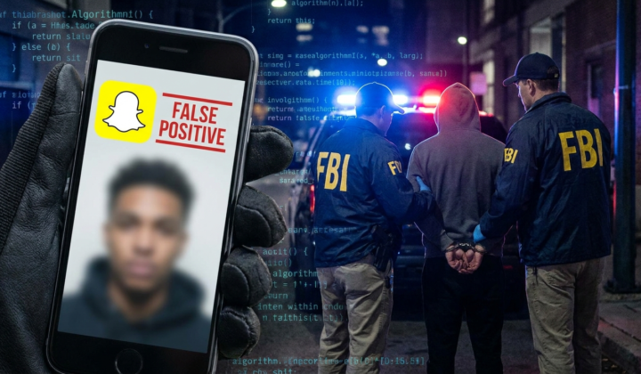 Snapchat phone with FBI agents and FALSE POSITIVE overlay — AI content moderation misfire