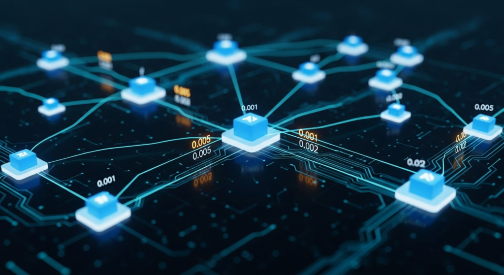 Multiple AI agent nodes in a glowing swarm network with token cost data flowing between them