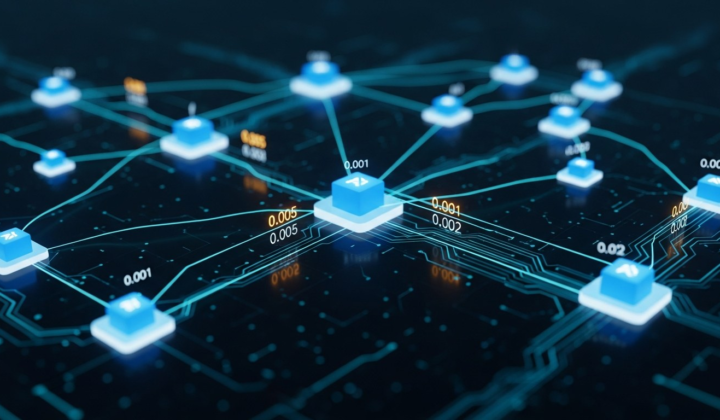 Multiple AI agent nodes in a glowing swarm network with token cost data flowing between them