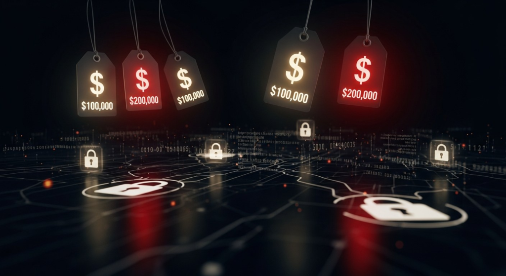 Cybersecurity price tags showing zero-day exploit costs in the millions, dark atmospheric editorial image