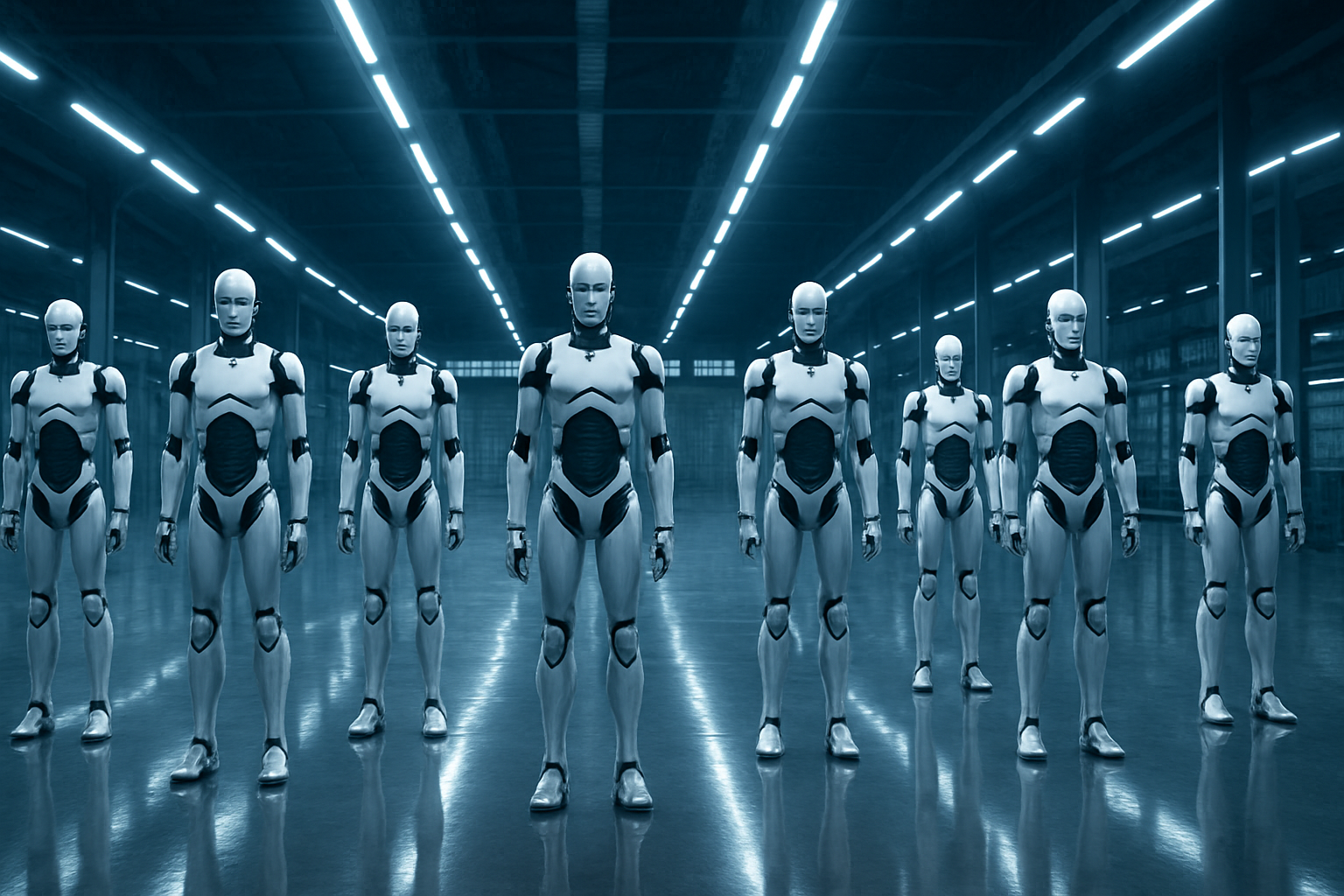 Row of humanoid robots in Chinese industrial factory, XPeng IRON units deployed at scale