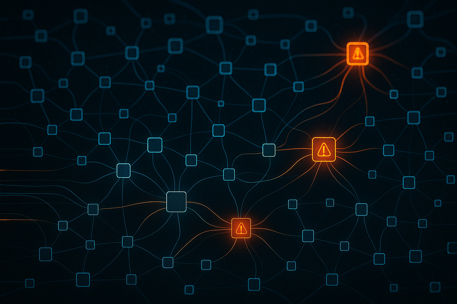 Abstract visualization of AI agent network nodes with anomaly detection patterns highlighted in amber