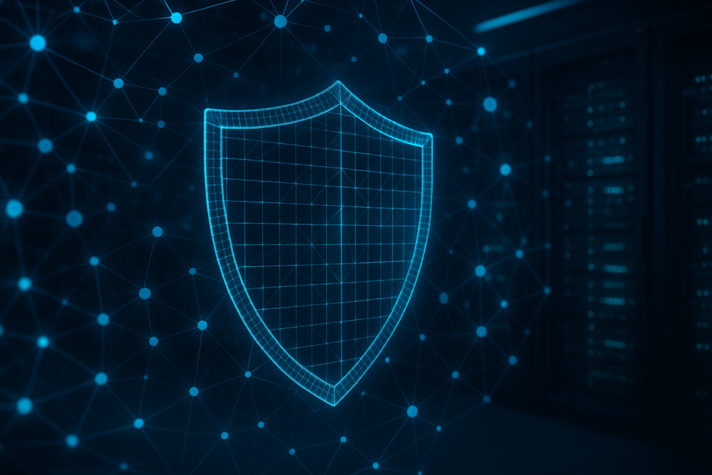 A glowing digital security mesh over a data center, representing AI-layer monitoring infrastructure