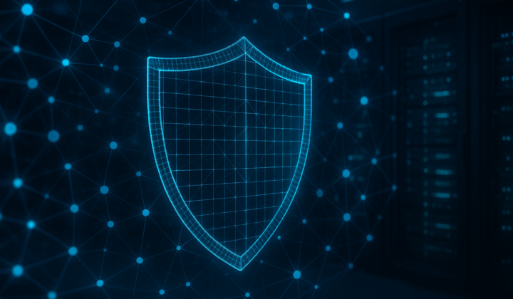 A glowing digital security mesh over a data center, representing AI-layer monitoring infrastructure