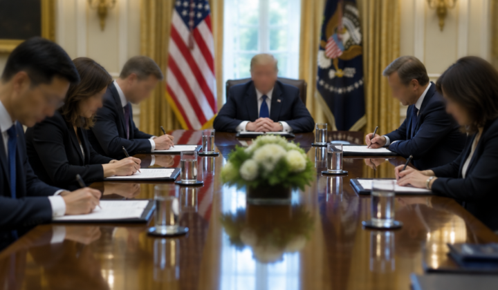 Tech executives and the president at a long conference table, signing a document, editorial style