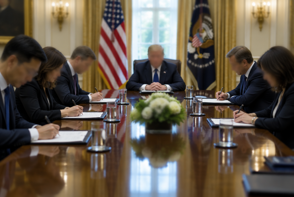 Tech executives and the president at a long conference table, signing a document, editorial style