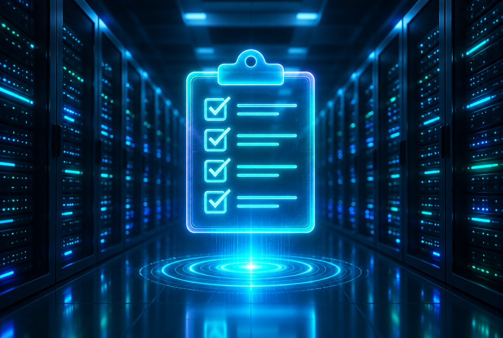 A glowing audit checklist floating above a dark server room, abstract digital art
