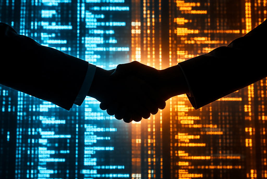 A single handshake silhouetted against a wall of code, cinematic editorial lighting