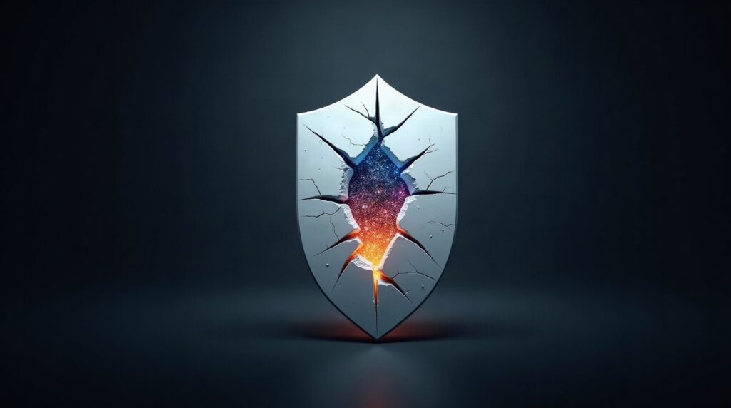 A cracked white privacy shield with colorful light bursting through the center, symbolizing Apple's privacy brand under pressure from the Google Siri deal