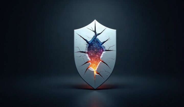 A cracked white privacy shield with colorful light bursting through the center, symbolizing Apple's privacy brand under pressure from the Google Siri deal