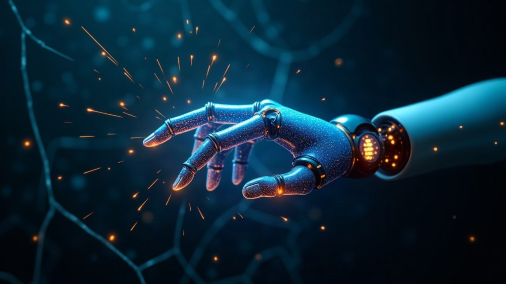 Robotic AI hand reaching through corporate firewall