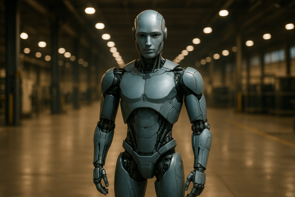 A sleek humanoid robot standing in an industrial facility, editorial photography