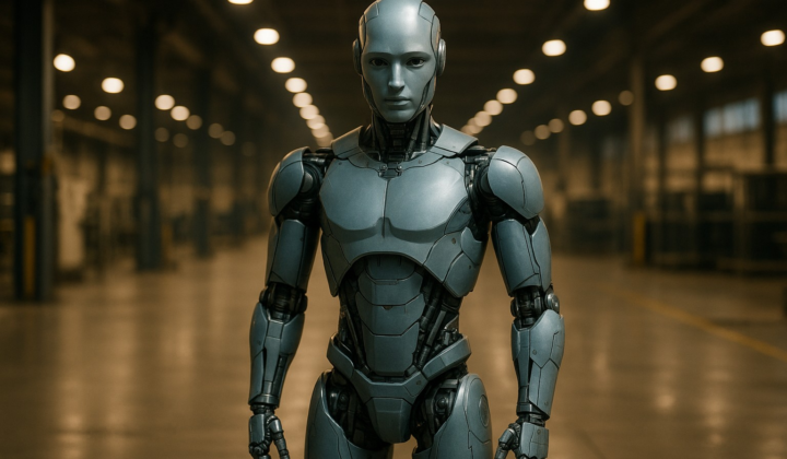 A sleek humanoid robot standing in an industrial facility, editorial photography